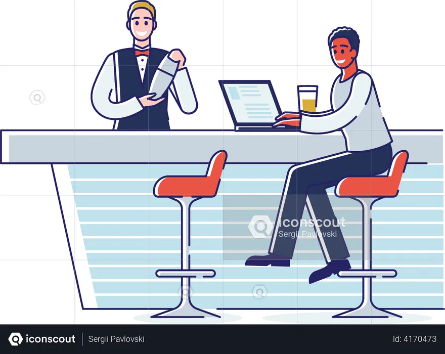 Man Working Remotely On Laptop At Bar Counter  Illustration