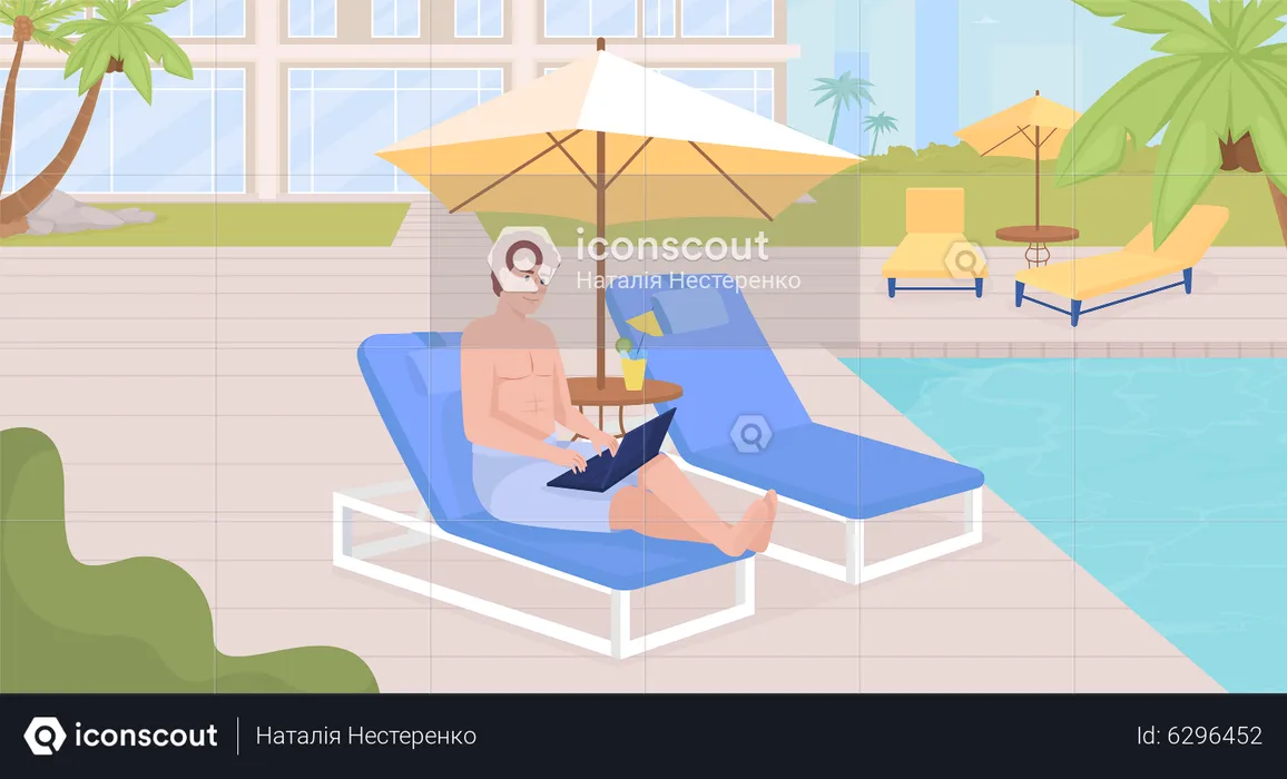 Man working remotely on tropical islands  Illustration