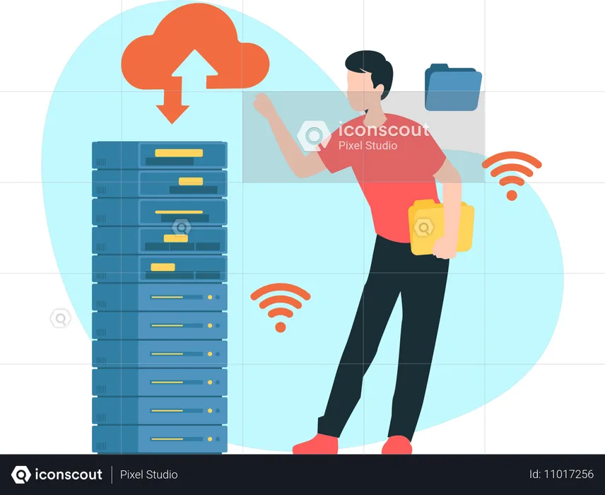 클라우드 서버를 사용하는 남자  일러스트레이션