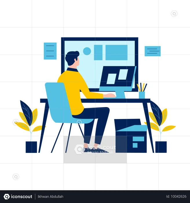 Man Working with Computer at Office  Illustration