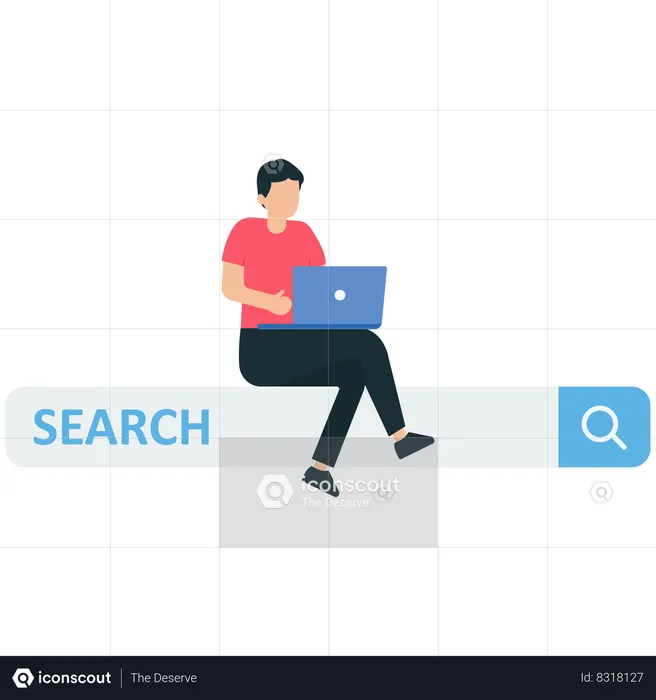 Man working with computer laptop on search box with magnifying glass button  Illustration