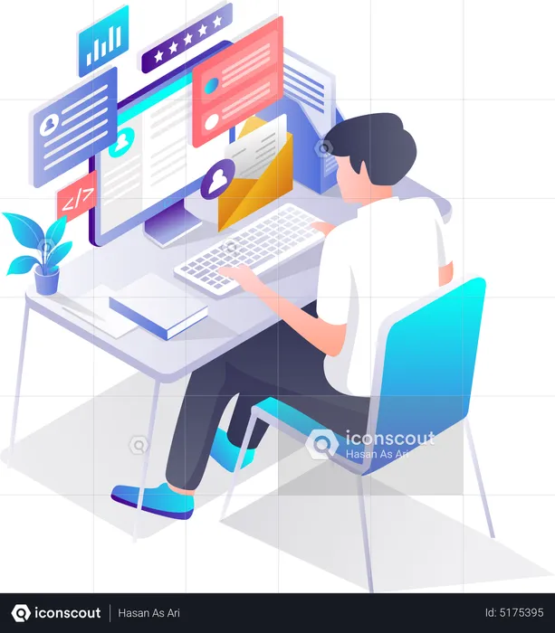 Man working with computer on desk  Illustration
