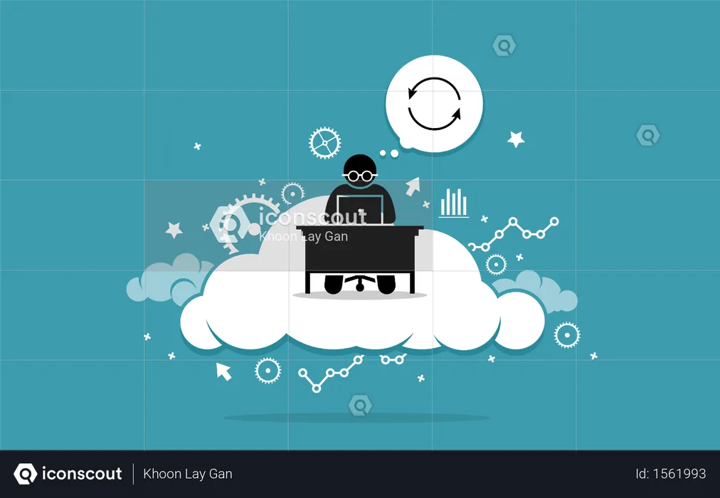 Man working with computer on the cloud  Illustration