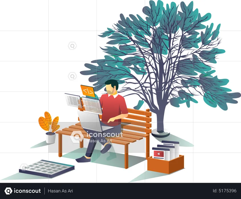 Man working with laptop under tree  Illustration