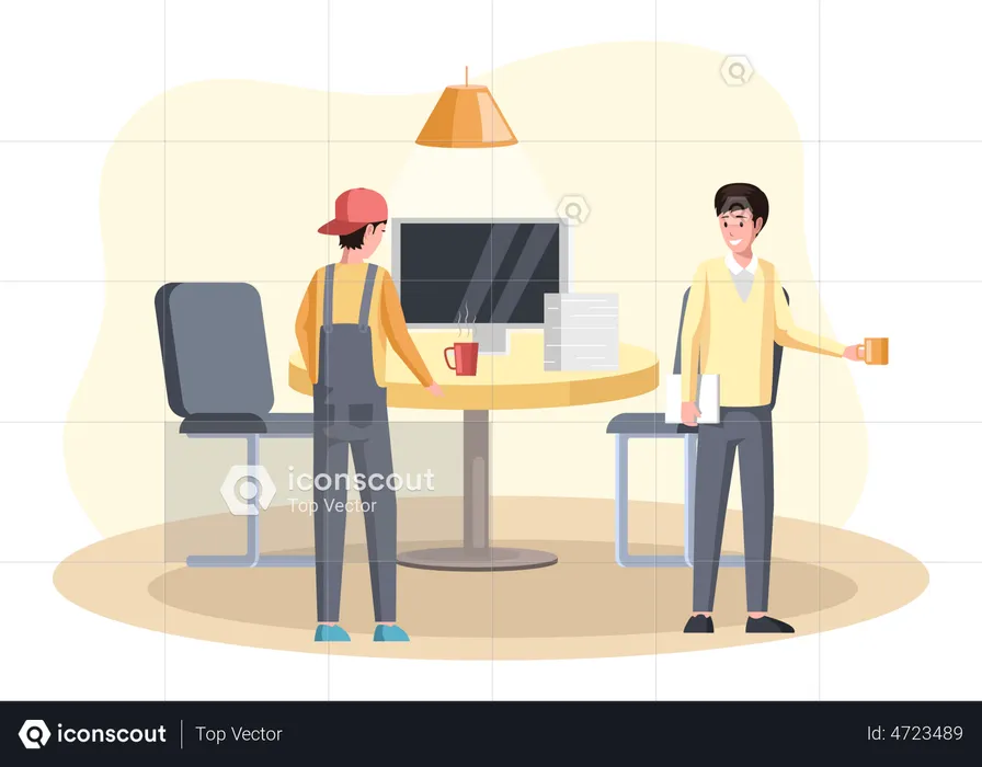 Man works drinks coffee and communicates with colleague of office workspace  Illustration