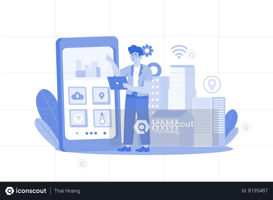 Man Works On Smart City  Illustration