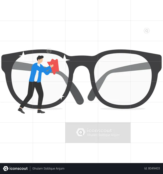 Manager cleaning huge eyeglass lenses for owner to get clear vision  Illustration