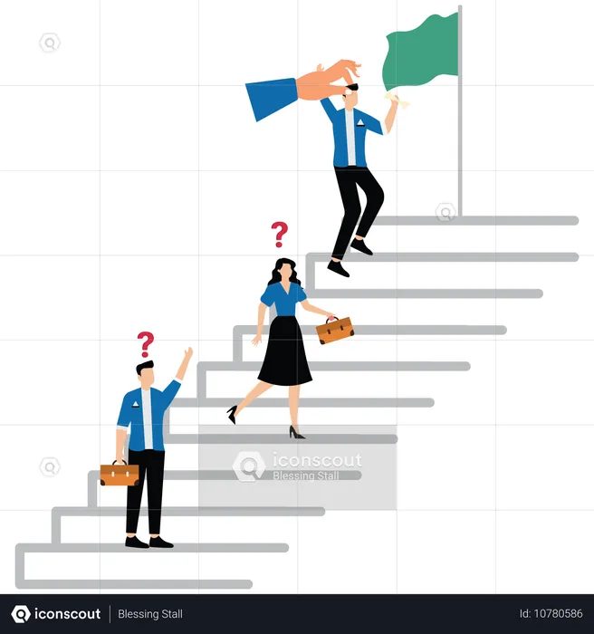 Manager hand helping employee overtake colleagues to top of stair  Illustration