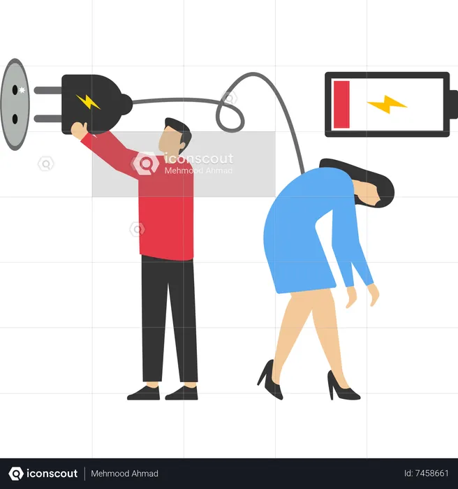 Manager holding electric plug to recharge low battery exhausted worker  Illustration