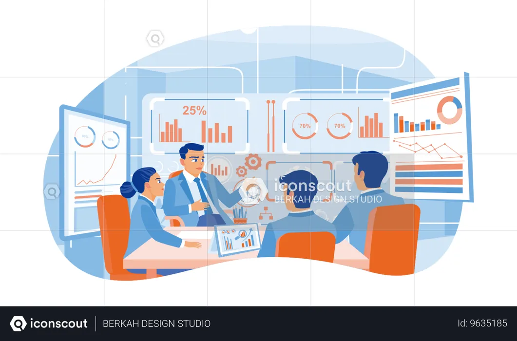 Manager leads meetings with colleagues  Illustration