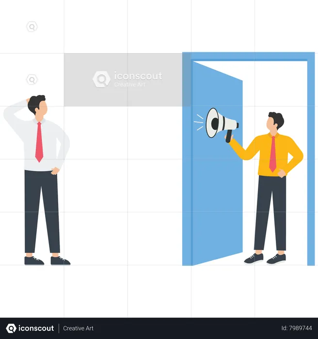 Manager use megaphone to a businessman at the door  Illustration
