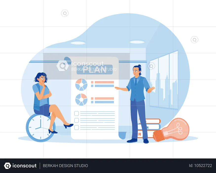 Managers and assistants create teamwork while making business plan  Illustration