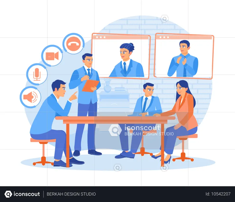 Managers and office employees hold online meetings with colleagues. Discuss new projects during meetings. Video conference concept. Flat vector illustration.  Illustration