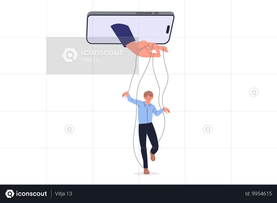 Manipulation d'une personne utilisant les réseaux sociaux sur un téléphone portable avec une main contrôlant l'homme comme une marionnette  Illustration