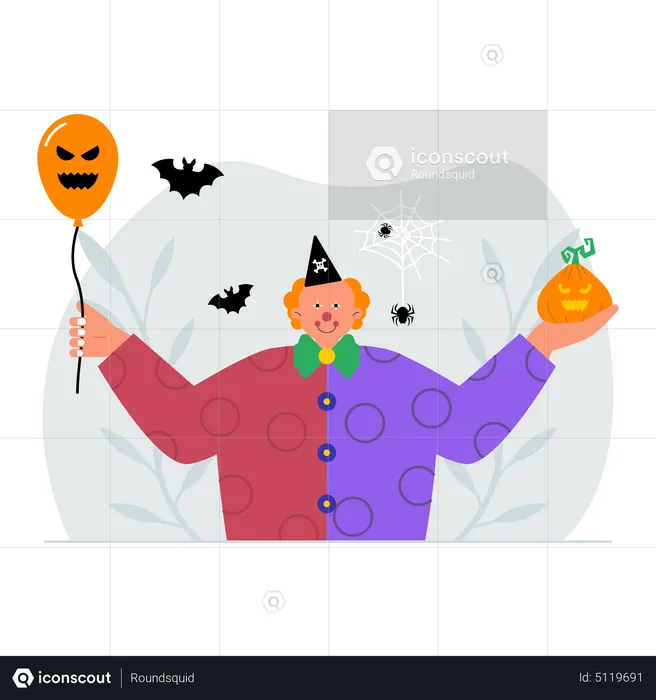 Mann als gruseliger Clown an Halloween verkleidet  Illustration