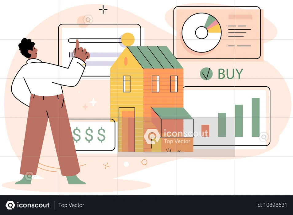 Mann analysiert Budget für Hauskauf  Illustration