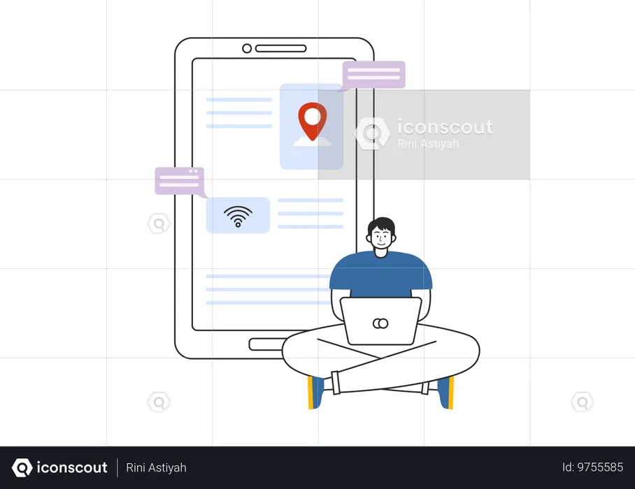 Mann arbeitet am Laptop und nutzt dabei WLAN-Netzwerk  Illustration