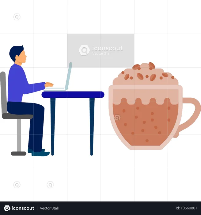 Mann arbeitet am Laptop und trinkt Kaffee  Illustration