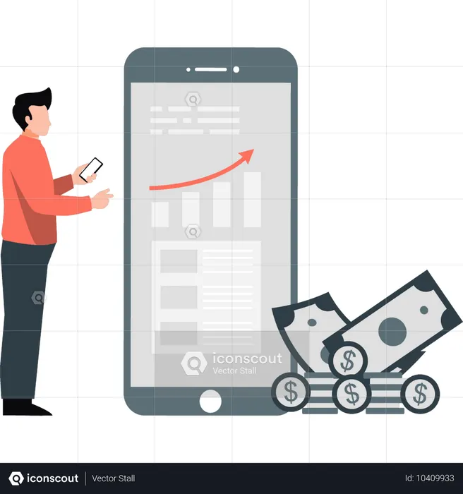 Mann arbeitet erfolgreich Geschäftswachstumsdiagramm auf dem Handy  Illustration