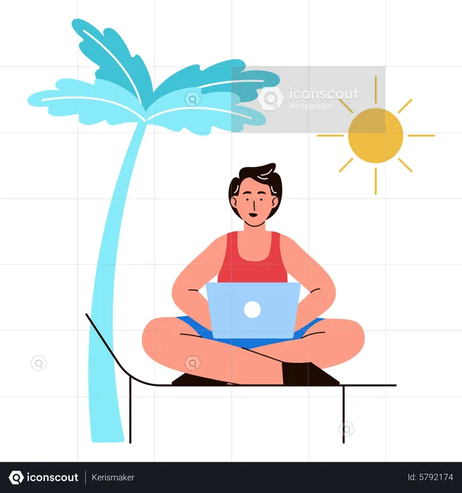 Mann arbeitet während des Urlaubs  Illustration