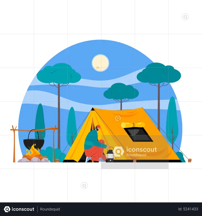 Mann beim Abenteuercamping  Illustration