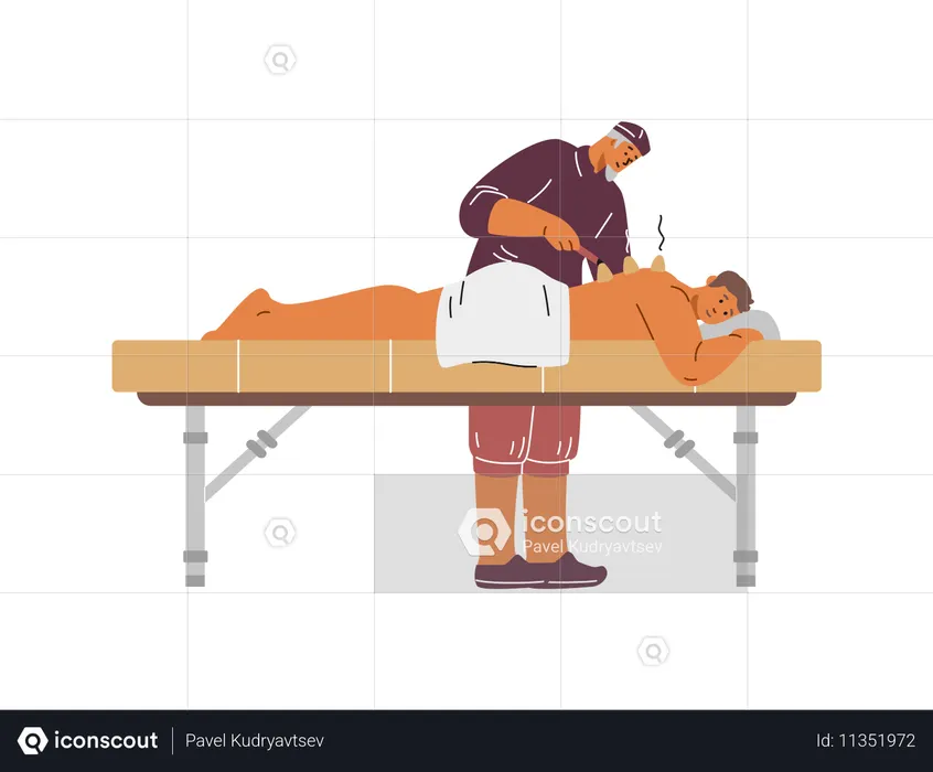 Mann bei einem Mesotherapie-Termin mit einem älteren Arzt für chinesische Medizin  Illustration