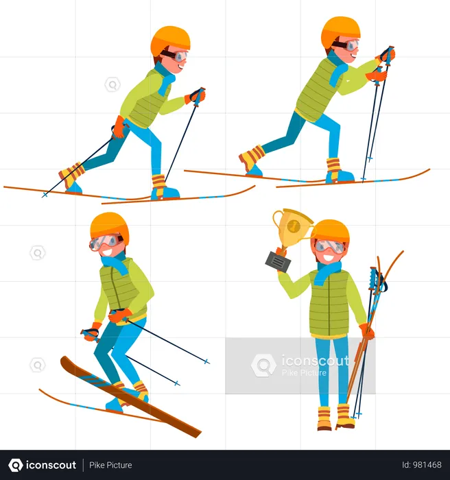 Mann beim Skifahren mit unterschiedlicher Pose  Illustration