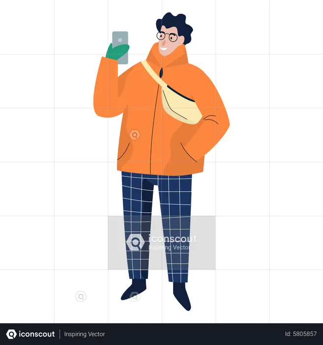 Mann benutzt Telefon, während er Winterkleidung trägt  Illustration