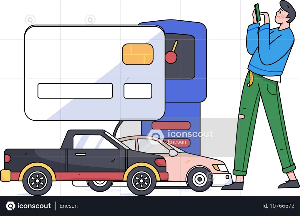 Mann bezahlt Treibstoffrechnung an der Tankstelle  Illustration