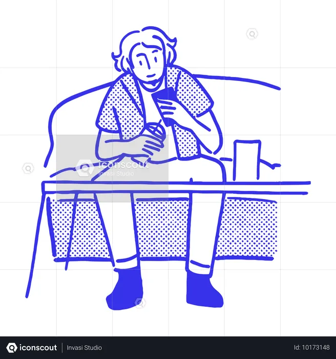 Mann checkt Telefon beim Essen im Café  Illustration