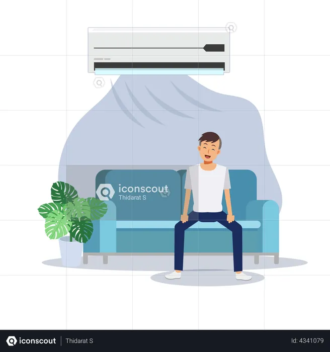 Mann chillt auf der Couch unter der Klimaanlage  Illustration