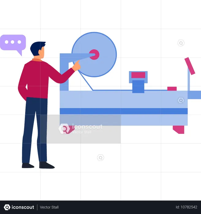 Mann diskutiert industrielle Drehmaschine  Illustration