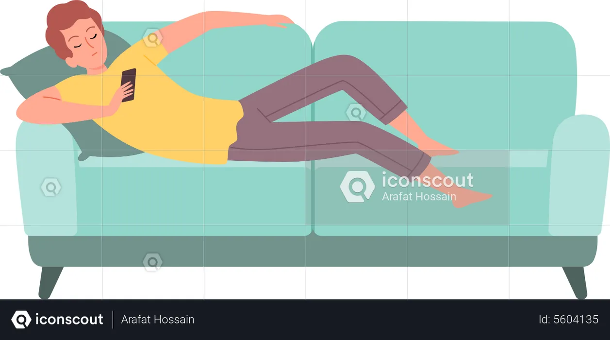 Mann entspannt sich auf dem Sofa und benutzt Handy  Illustration