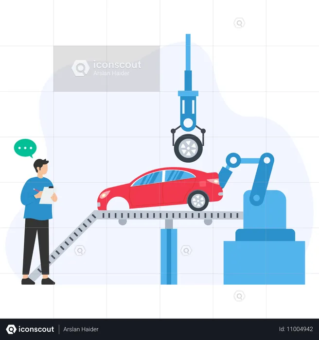 Mann erzählt über Fahrzeugproduktion  Illustration