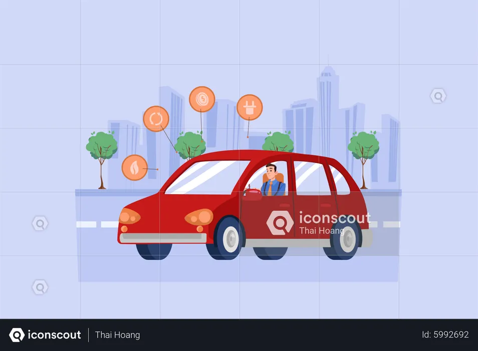 Mann fährt Elektrofahrzeug und gibt Bewertung ab  Illustration