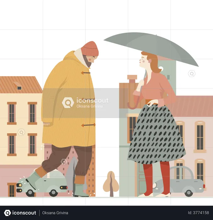 Mann geht im Regenmantel und Frau hält Regenschirm  Illustration