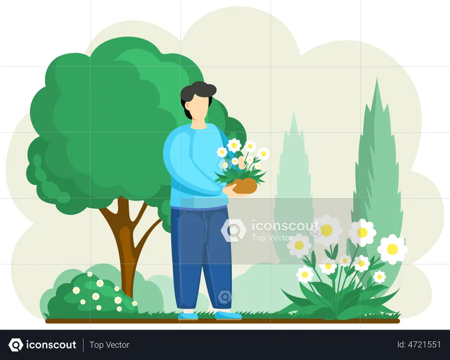 Mann hält Blumentopf  Illustration