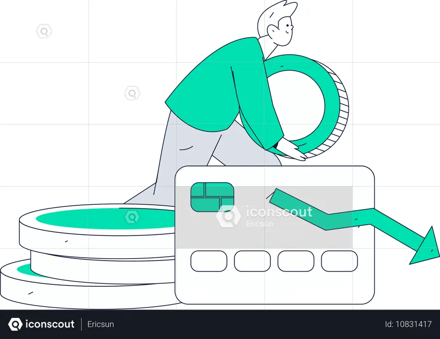 Mann hält Münze in der Hand, während er seinen Kreditscore senkt  Illustration