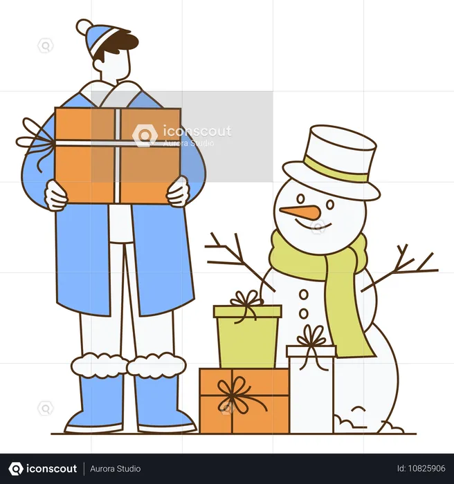 Mann hält Neujahrsgeschenkbox mit Schneemann im Winter  Illustration