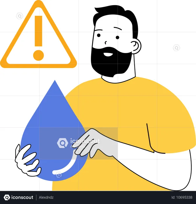 Mann hält Wassertropfen in der Hand, um Wasser zu sparen, während er Wasseralarm erhält  Illustration