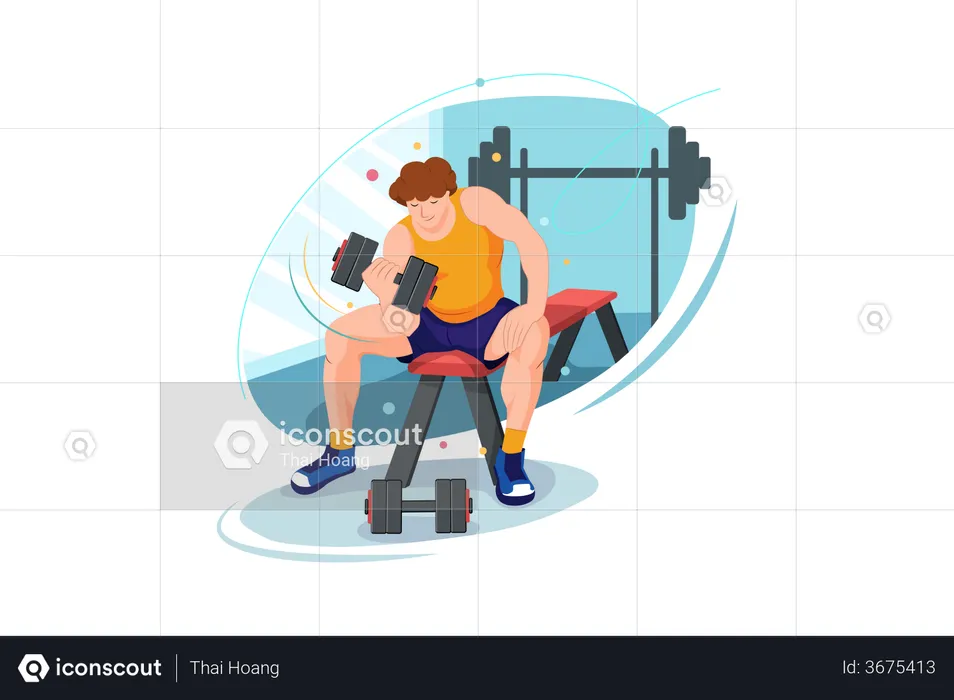 Mann beim Gewichtheben im Fitnessstudio  Illustration