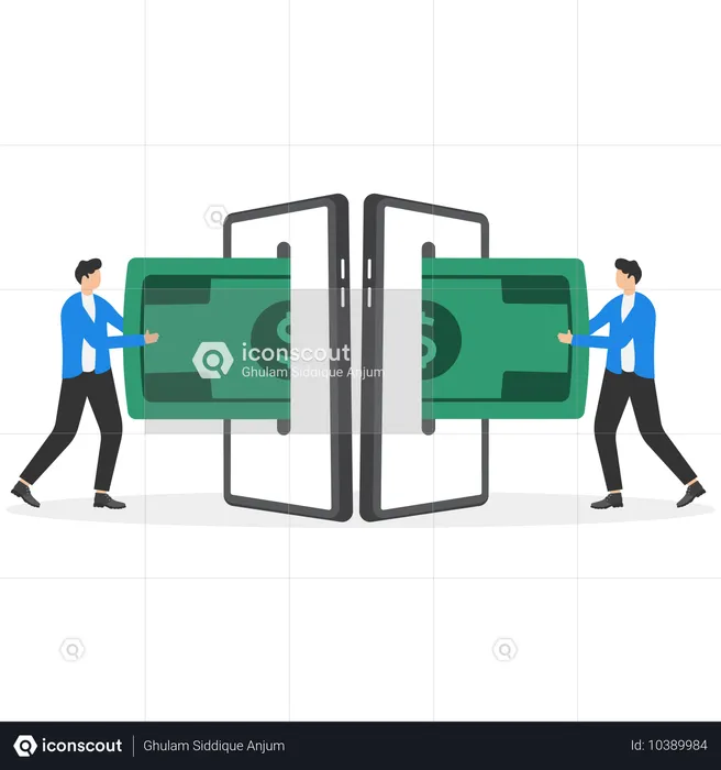 Mann im Businessanzug schiebt Geldschein in Schlitz auf Smartphone-Bildschirm  Illustration