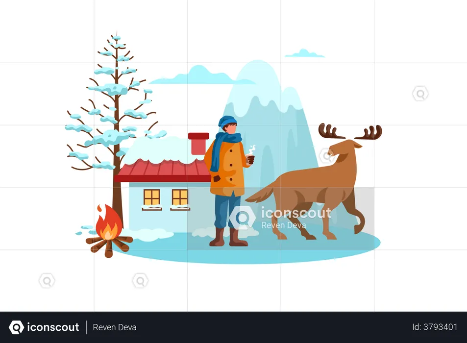 Mann steht im Winter neben Elch  Illustration