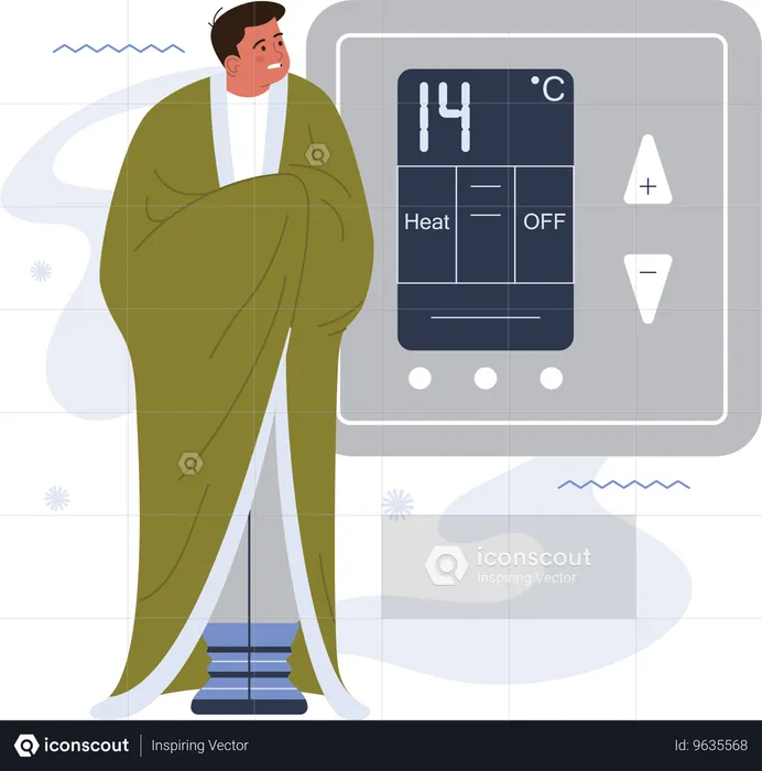 Mann in Decke gehüllt leidet und zittert vor Kälte im Haus  Illustration