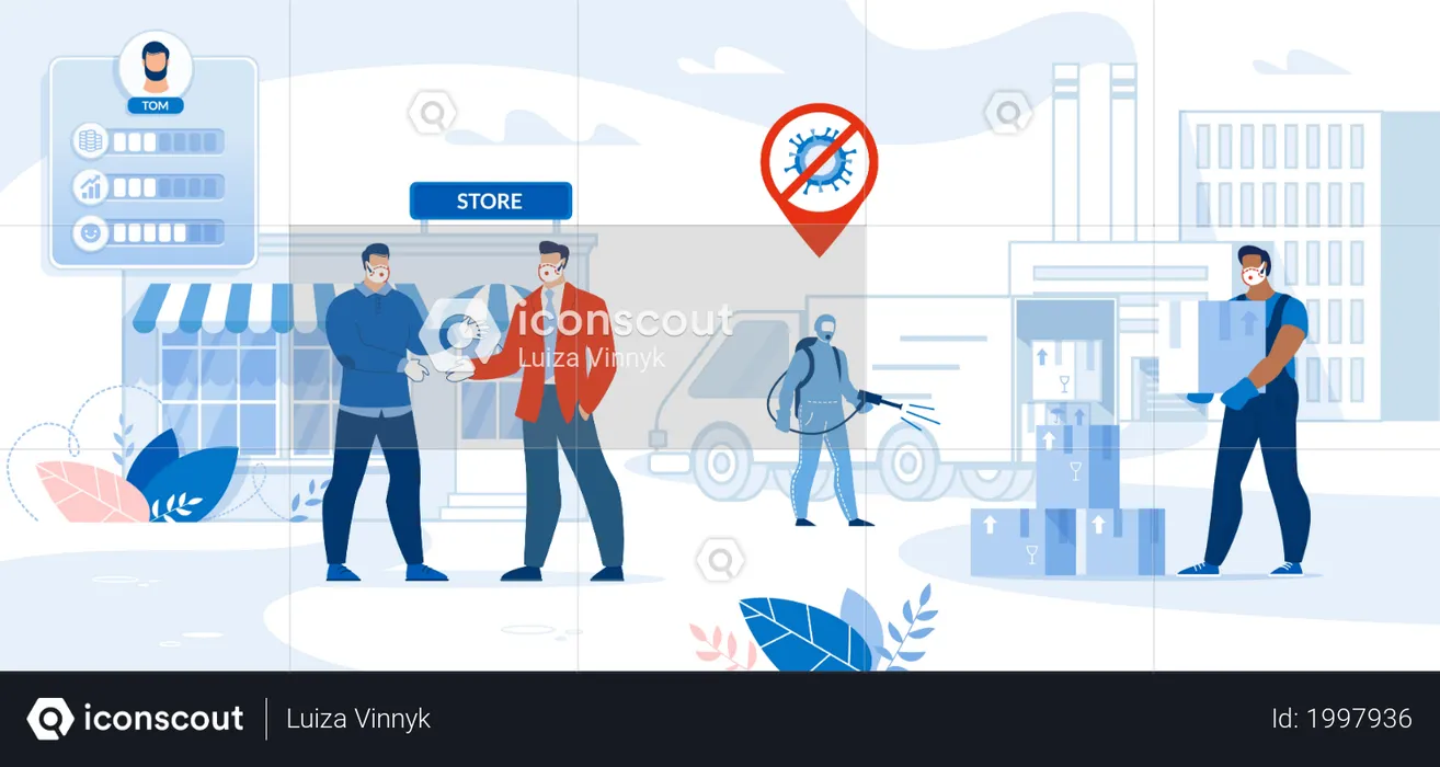 Mann in Schutzkleidung desinfiziert Lieferwagen  Illustration