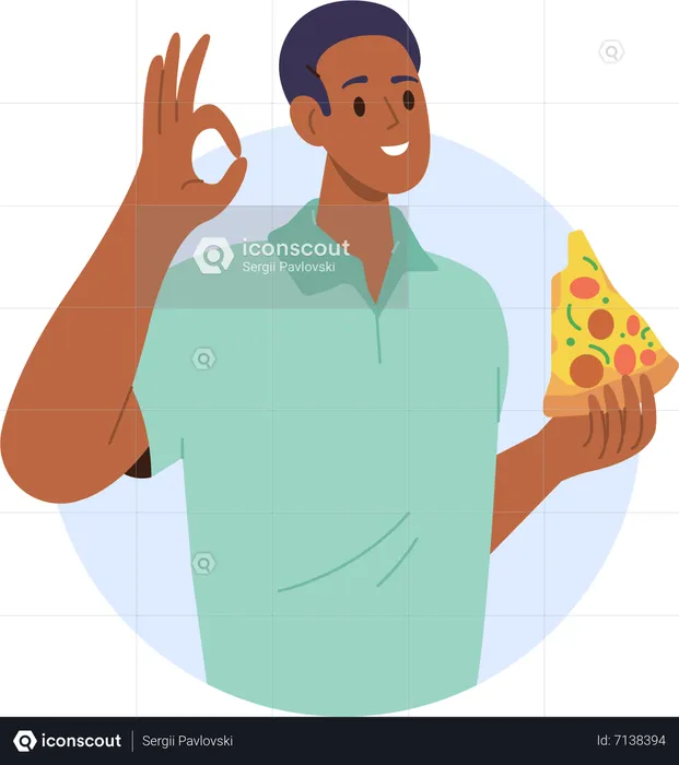 Mann isst köstliche italienische Pizza und gestikuliert ok Zeichen  Illustration