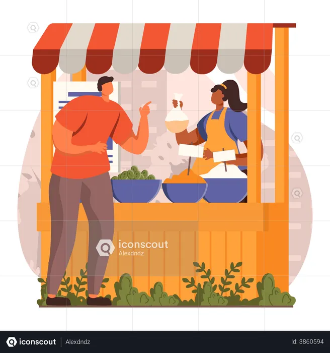Mann kauft Gewürze beim Händler  Illustration