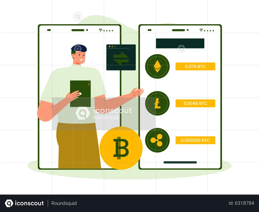 Mann kauft Kryptowährung über mobile Börse  Illustration