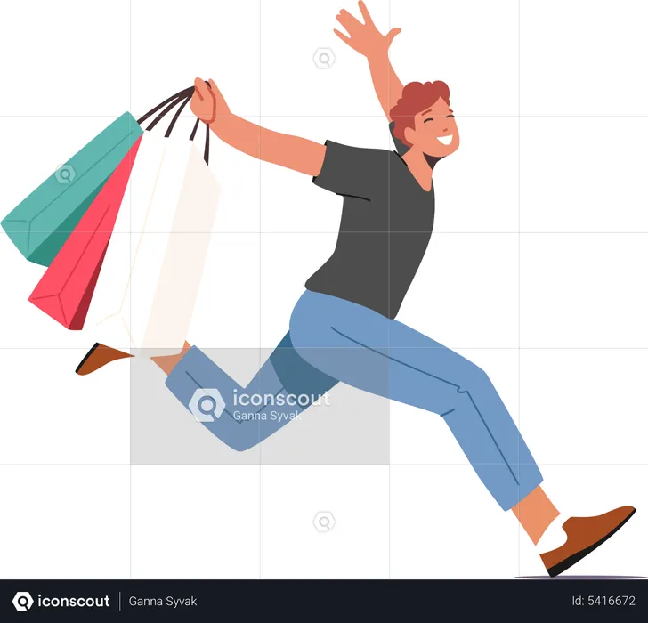 Mann läuft glücklich nach dem Einkaufen  Illustration