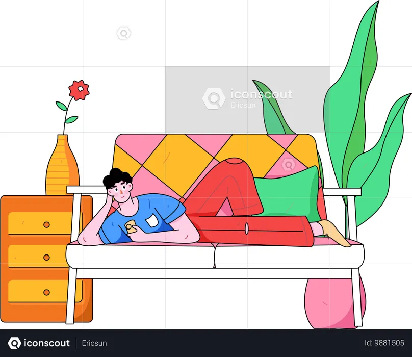 Mann liegt auf dem Sofa und sieht zu Hause fern  Illustration